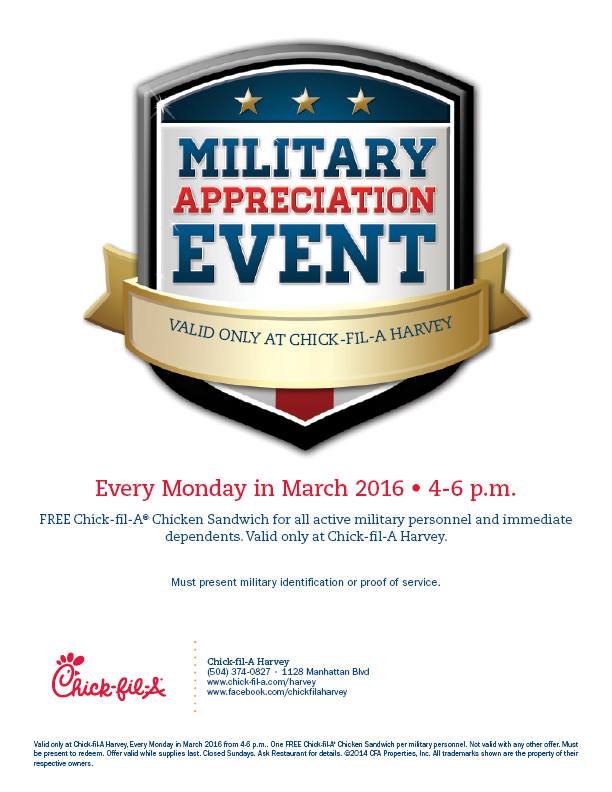 NOLAFedCity's tweet photo. Calling all active military...@ChickfilAHarvey has a deal for YOU! #FREEsandwich #militaryappreciation #wesaluteyou https://t.co/UQyysjwBQJ