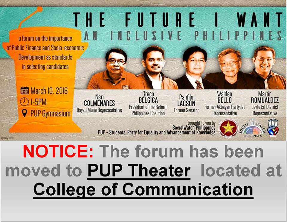 PUPMemes's tweet photo. Please be advised that our senatorial forum has been moved from Gym to PUP COC Theater. Tuloy na tuloy!!!!! omg https://t.co/WbM6E6jAyM