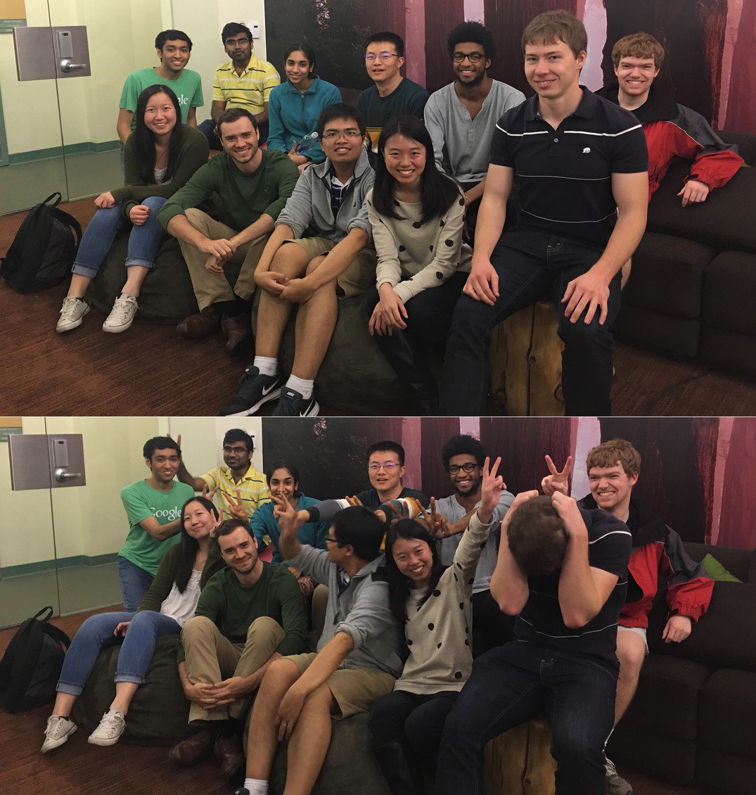 The CS231n team during our class-nearing-to-an-end debrief, exhausted right after the poster session :)