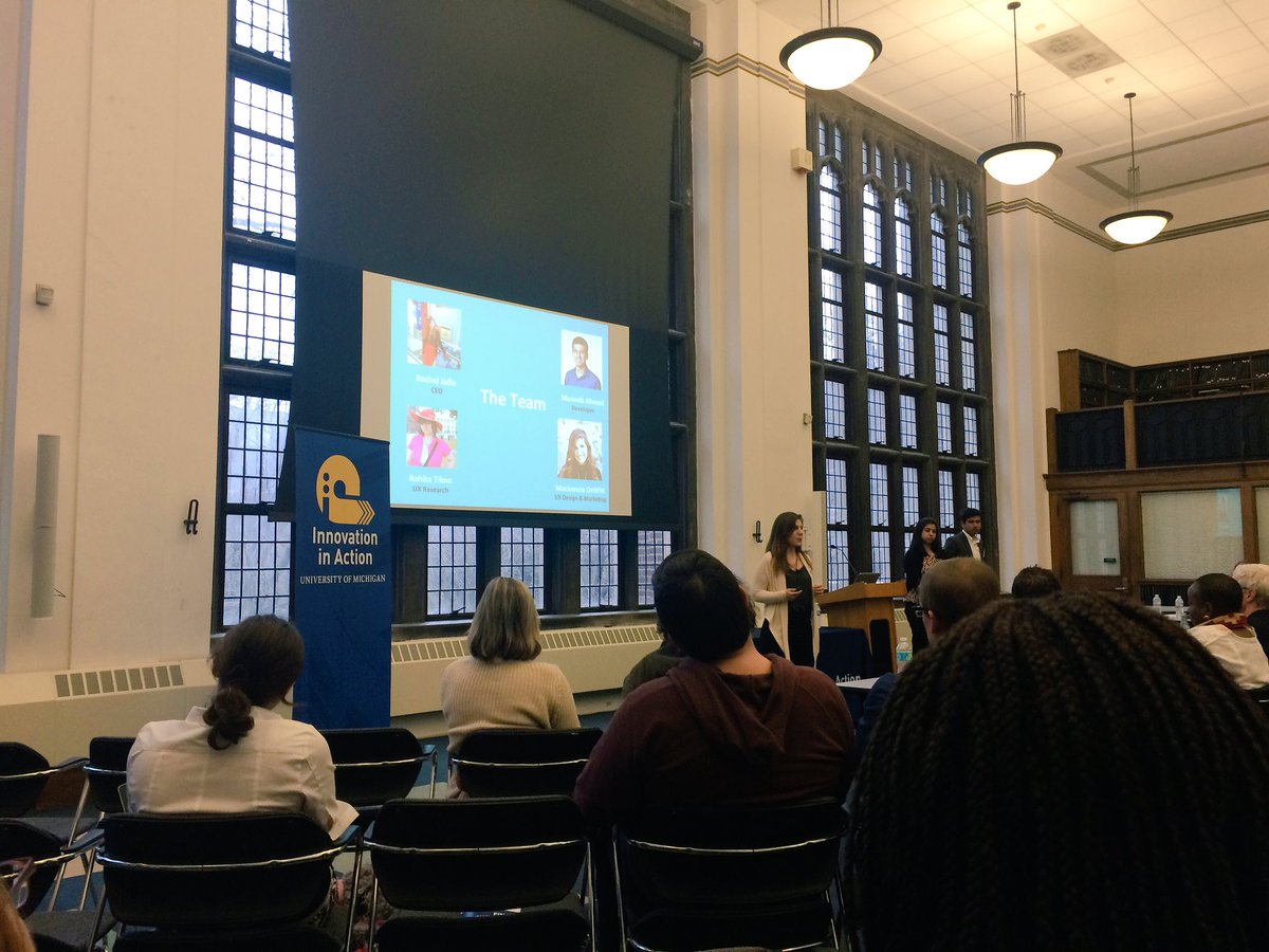UMCFE's tweet photo. .@umsi student & #cfeWUST participant Rachel Jaffe presents her collaboration app Aether to a full house @IIA_UMich https://t.co/ZLB2W9436m
