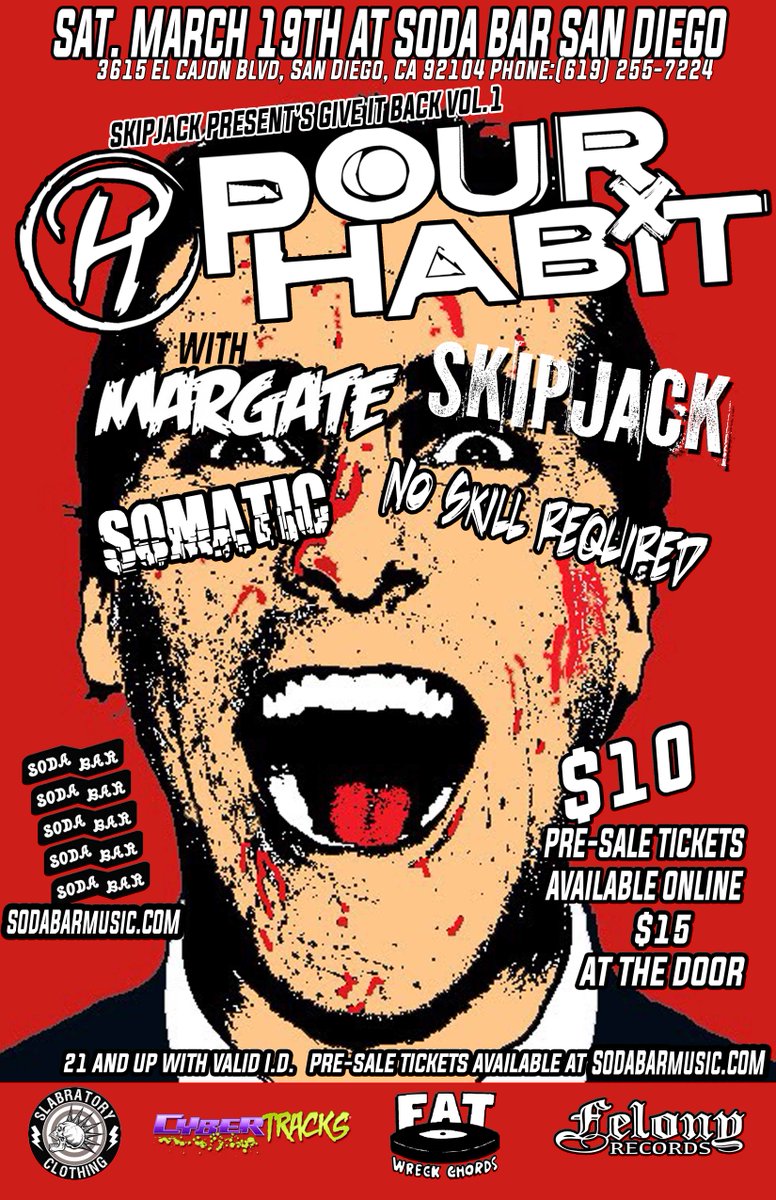 SodaBarSD's tweet photo. Mar 19 @ Soda Bar – @PourHabit w/ @Skipjack96, @MargateRocks, Somatic &amp; No Skill Required https://t.co/xyilMTKmOe https://t.co/2p6CxIqFmW