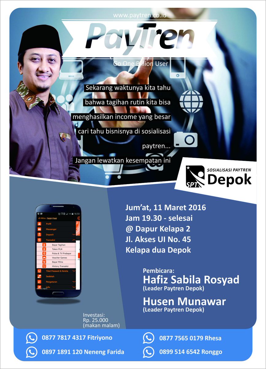 KunTheWinnerTim's tweet photo. Hari Minggu, spesial hadir Sosialisasi PayTren di Depok &amp; Bekasi. Silahkan hadir utk umum ajak calmit2nya https://t.co/DC3FtPn8aI