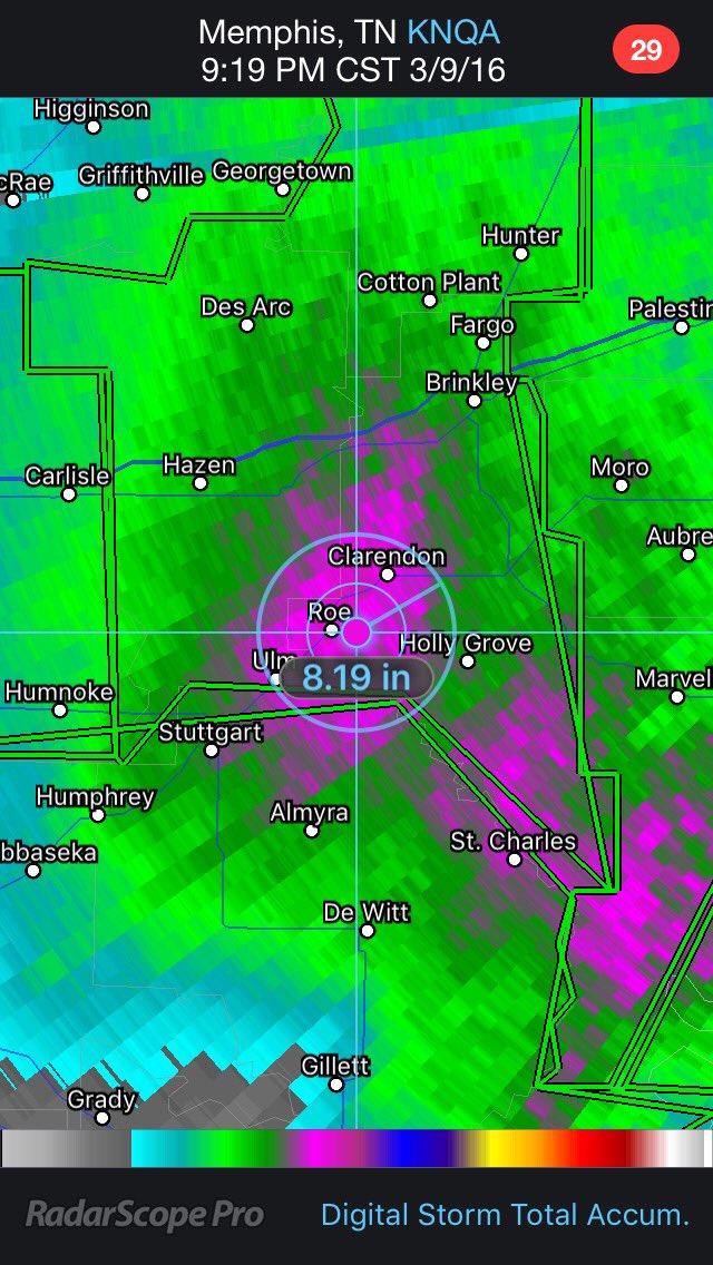ryanvaughan's tweet photo. Radar estimates over 8 inches of rain has fallen near Stuttgart, AR #ARWX https://t.co/HKw9IgMfnk