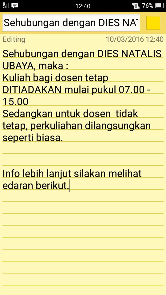 DPM_FT_Ubaya's tweet photo. Perkuliahan sehubungan dg Dies Natalis Ubaya utk besok Jumat 11 Marer 2016 https://t.co/JTNRe5jLJ4