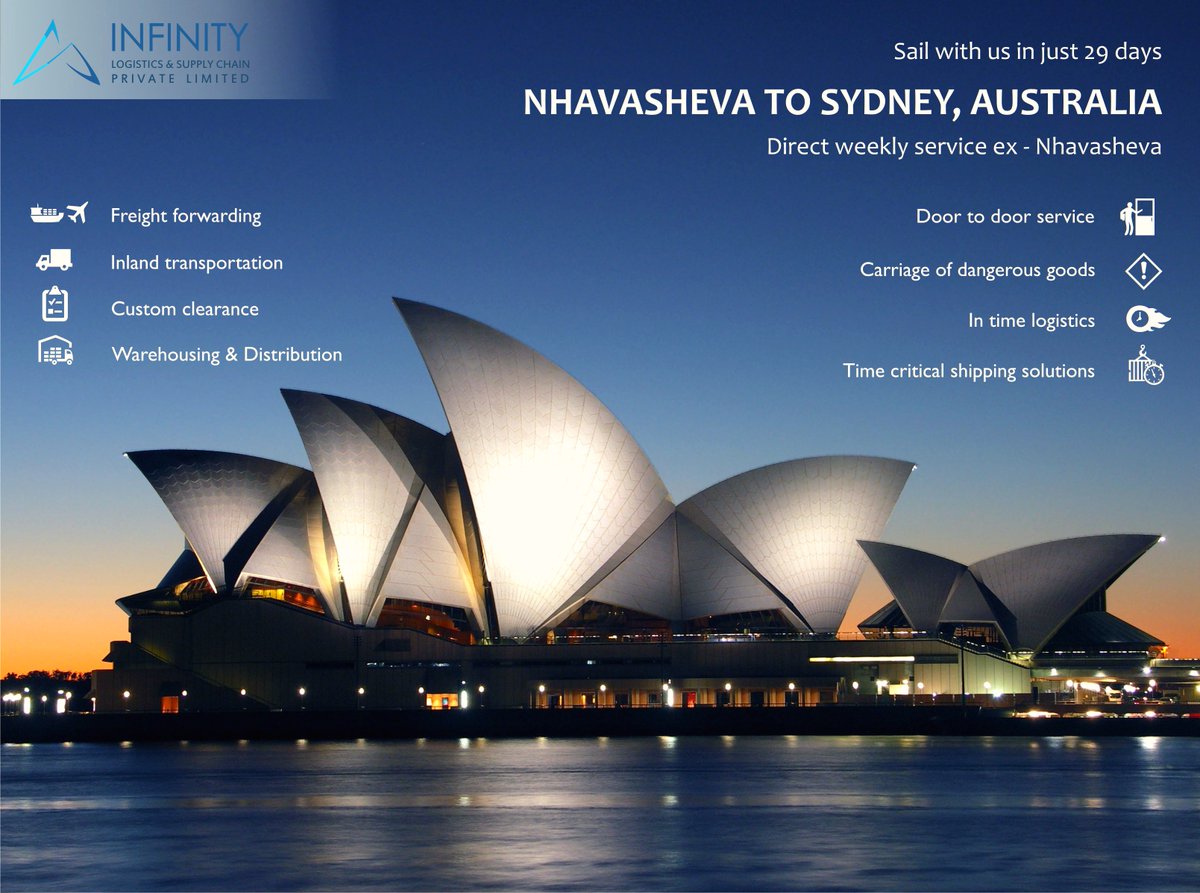 InfinityLogisti's tweet image. Sail with us in 29 days from Nhava Sheva to Sydney, Australia