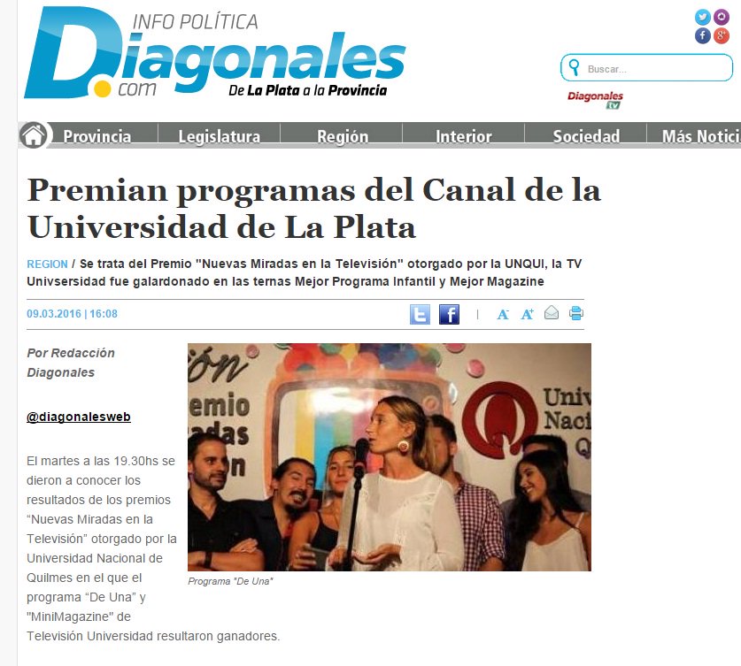UNLPTV's tweet photo. Compartimos info de @diagonalesweb: @TvUnlp premiada en @NuevasMiradas16 

Leé la nota acá: https://t.co/Fw5aUEfHDD https://t.co/ZJLukUXZxs