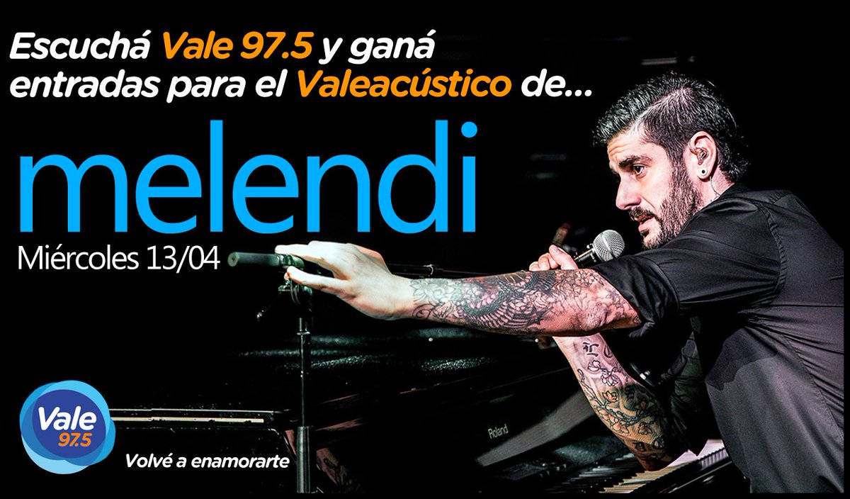 Vale975's tweet photo. ¿Te gustaría estar cerquita de @MelendiOficial? Escuchá @Vale975! Tenemos más pases para el #ValeAcústicoMelendi! RT https://t.co/jgzOQpDfFT