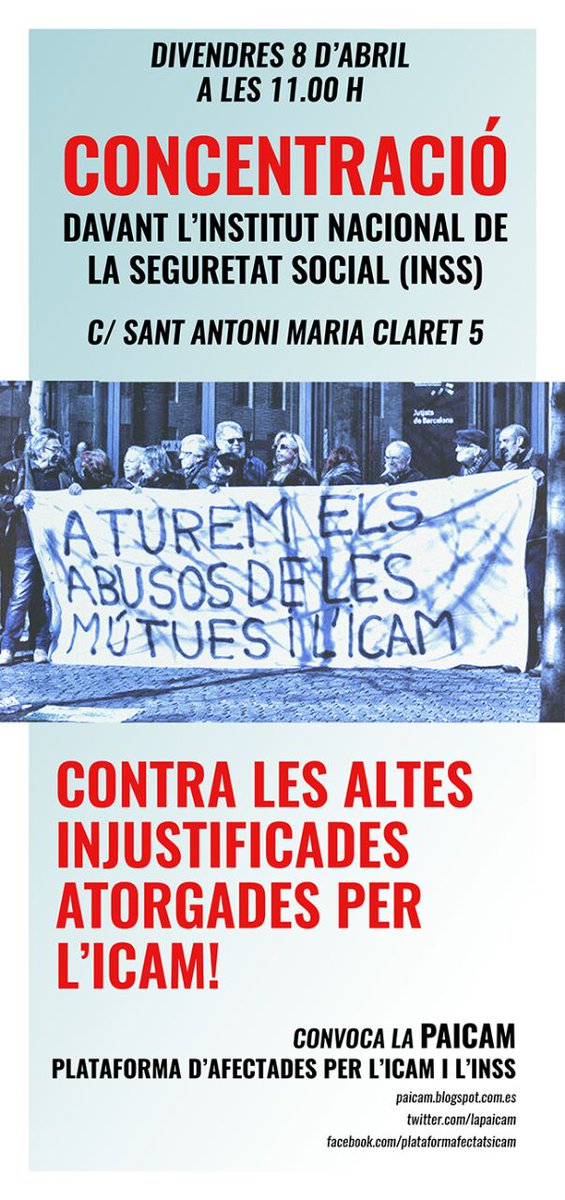 Salut_Lab_CGT's tweet photo. Torna #pressingICAM de @LaPAICAM
PROU ALTES INJUSTES!!
8 abril davant INSS
Tot el suport des de @CGTCatalunya
✊✊✊✊✊ https://t.co/ogSrMmQwNJ