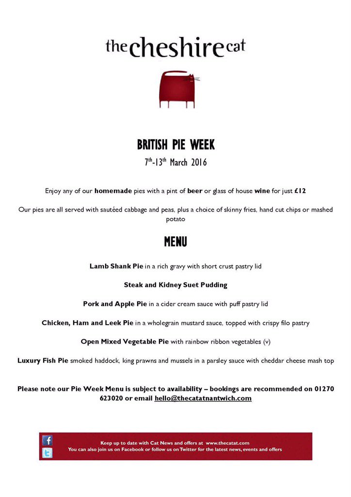 TheCatNantwich's tweet photo. Another day of fabulous pies ahead! Book your table on 01270 623020, live music tonight too! https://t.co/NLLdCoPkix