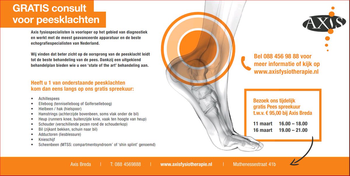 AxisFysio's tweet photo. #Gratis #inloopspreekuur voor #peesblessures bij Axis Breda van 16.00 - 18.00 uur. #shockwave #echo #flywheel https://t.co/n76o4L3lke
