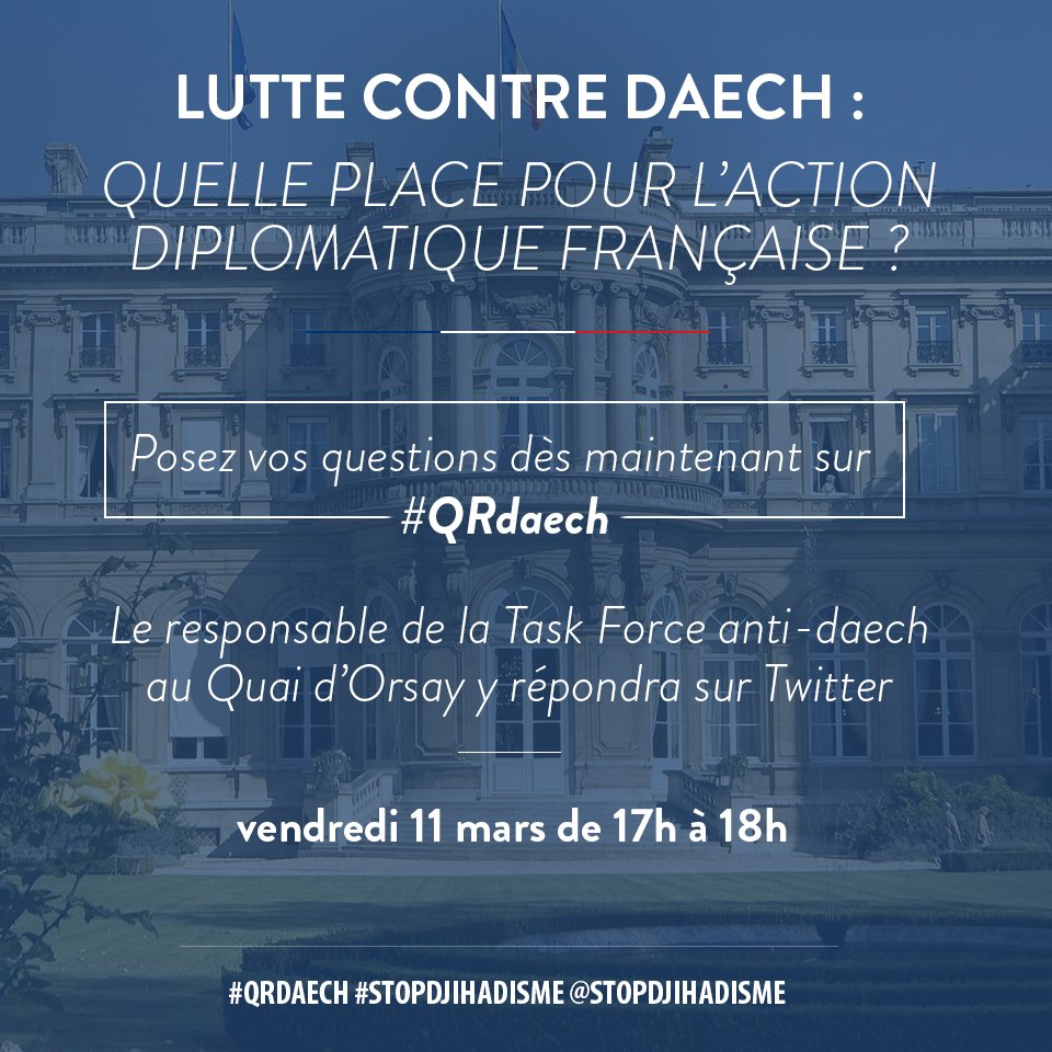 stopdjihadisme's tweet image. Vos questions dès maintenant sur #QRdaech pour notre rdv sur l'action de la France contre daech, vendredi à 17h