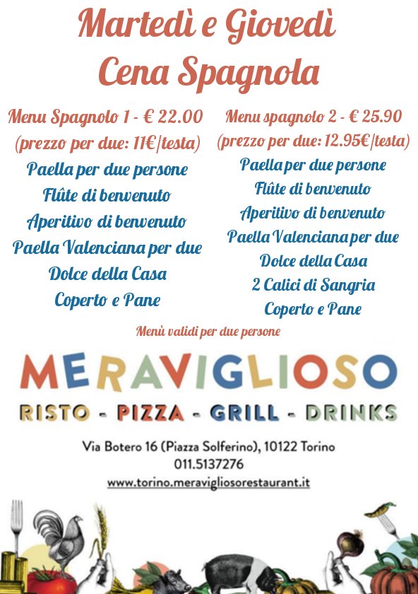 MeravigliosoTo's tweet photo. ¡Olé! Cena spagnola a 22€…Prenota!https://t.co/OAwjbiyo4l https://t.co/fdcpbMpi3n