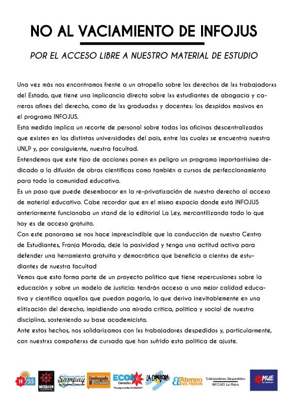 lasampayunlp's tweet photo. Repudiamos los despidos en #INFOJUS. #DerechoUnlp .@construyendo8 .@EcosUNLP .@InfojusAR .@muederechounlp https://t.co/Hzp6aA70WR
