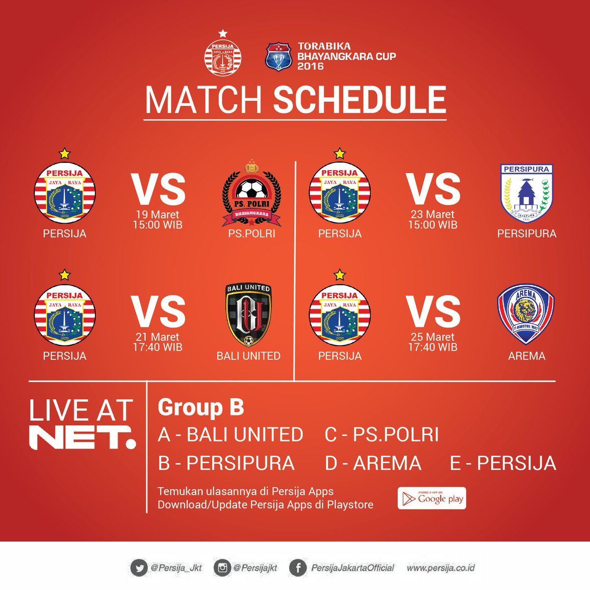 Persija_Jkt's tweet photo. Match Schedule TORABIKA BHAYANGKARA CUP 2016.
#RumahPersija
#GuePersija https://t.co/mcL5lfsBuN