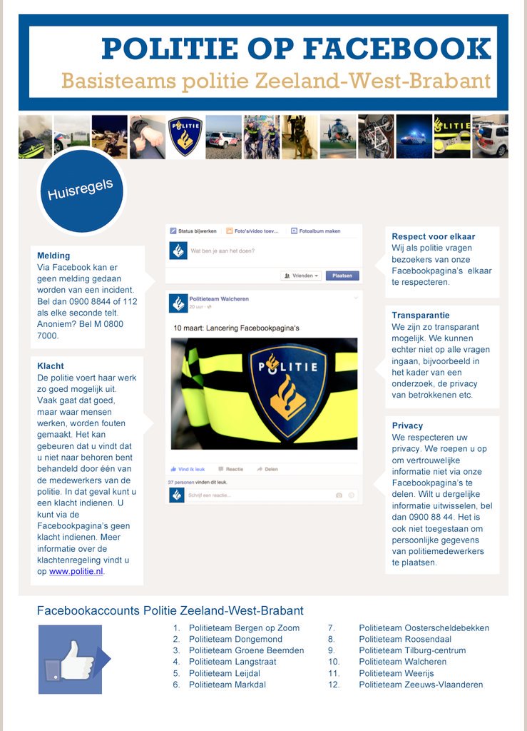 Politie op #Facebook. Alle basisteams Zeeland-West-Brabant nu online. Zie afbeelding voor de teamnamen. #follow