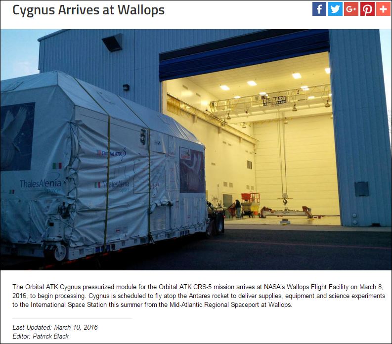 NASAWallops's tweet photo. #Cygnus arrives @Wallops! Prepping for Antares #MidAtlanticRegionalSpaceport summer launch of #ISS re-supply mission https://t.co/eLLsjCye2D
