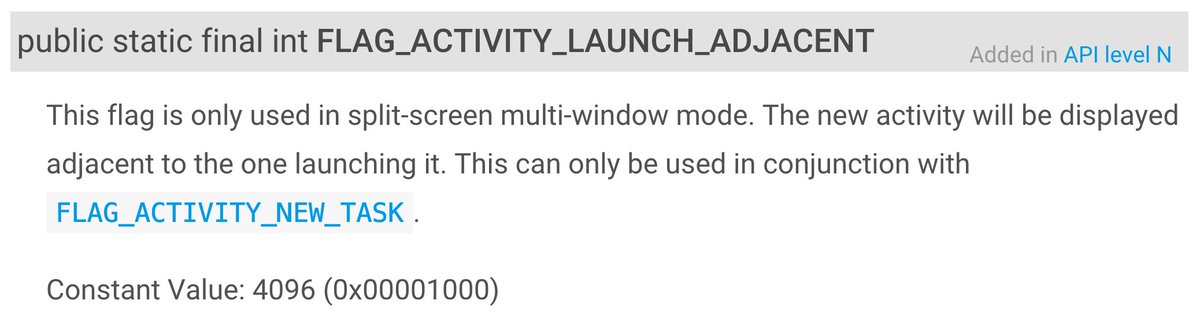 cyrilmottier's tweet photo. Add FLAG_ACTIVITY_LAUNCH_ADJACENT to your Intent to launch your Activity in split-screen (multi-window mode). https://t.co/KX3ycHoybj