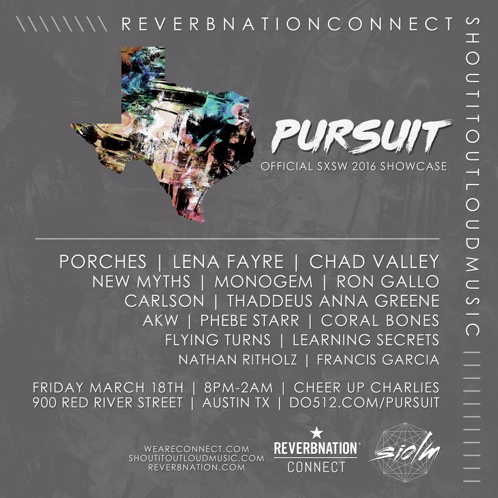 SIOLM's tweet photo. SIOLM + @_WEARECONNECT = #PURSUITATX @ SXSW! @CheerUpCharlies 3/18 w/@porches_hiii, @LenaFayre, @Chad_Valley, etc! https://t.co/FC340qKyyO