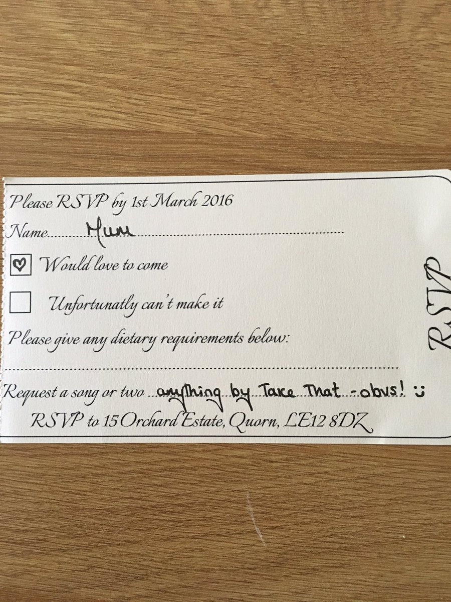 tappin10's tweet photo. @GaryBarlow Here is @JaneTurner43 RSVP to my wedding! Note the song request's! #GBforJT50 https://t.co/SRr82NQ55d