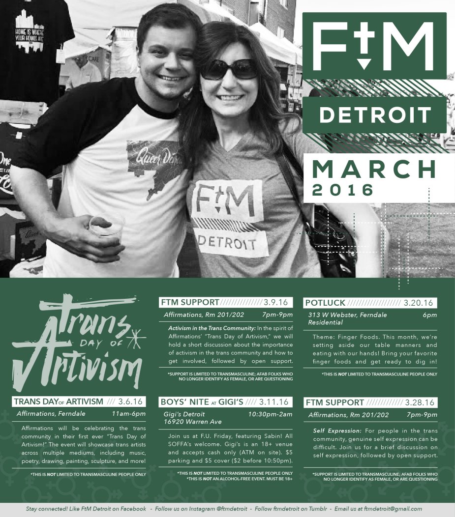 FtMDetroit's tweet photo. Take a look at our March calendar! #trans #ftm #detroit https://t.co/W9Wa95IHrG