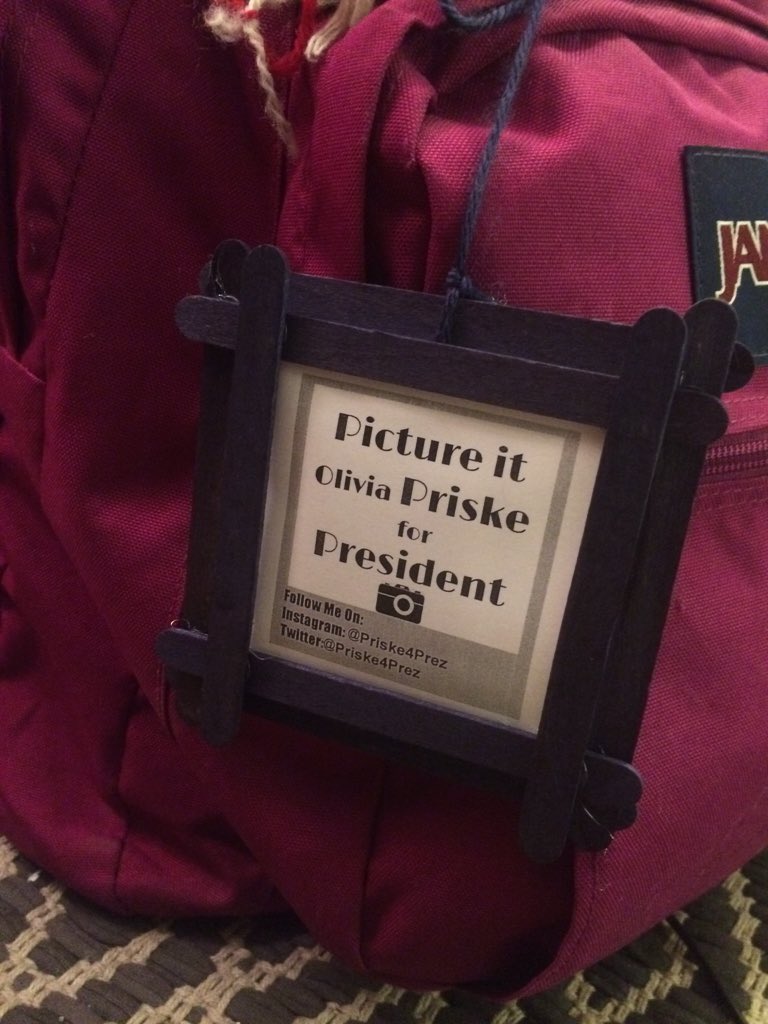 Priske4Prez's tweet photo. Tomorrow book bag tags are distributed! Don't forget to stop me in the halls for your very own #priske4prez frame! https://t.co/1j5bRF1UtS