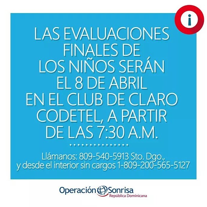 OpSonrisaRD's tweet photo. Evaluación final el 8 de marzo en el club de Claro Codetel a partir de las 7:30 a.m. https://t.co/pmmIPyh7HG