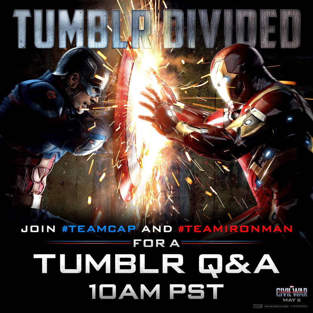 Don't forget to join #TeamCap &amp; #TeamIronMan for a Tumblr Q&amp;A, starting at 1pm EST/10am PST: bit.ly/1SCYzEm