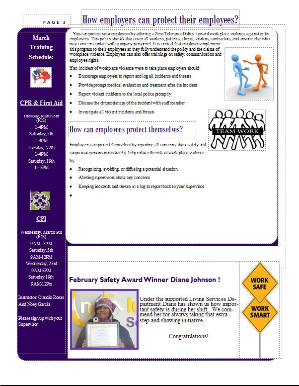 ICS Employees,
March 2016 Safety Newsletter,featuring helpful topics like Workplace Violence Safety and CPR/CPI Info