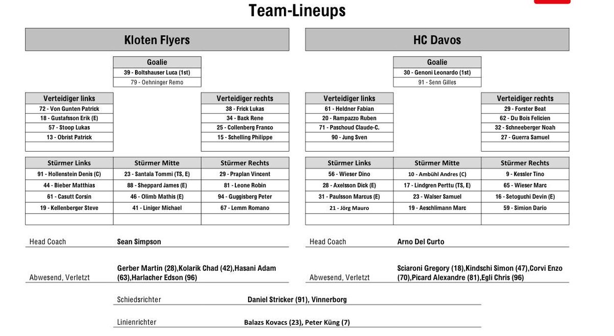 EHC_Kloten_1934's tweet photo. #lineup für das 4. Playoffspiel gegen @Hockeysince1921 #klotenflyers #playoffs #KFHCD #31meistertitelsindgenug https://t.co/hlqkNkwXsI