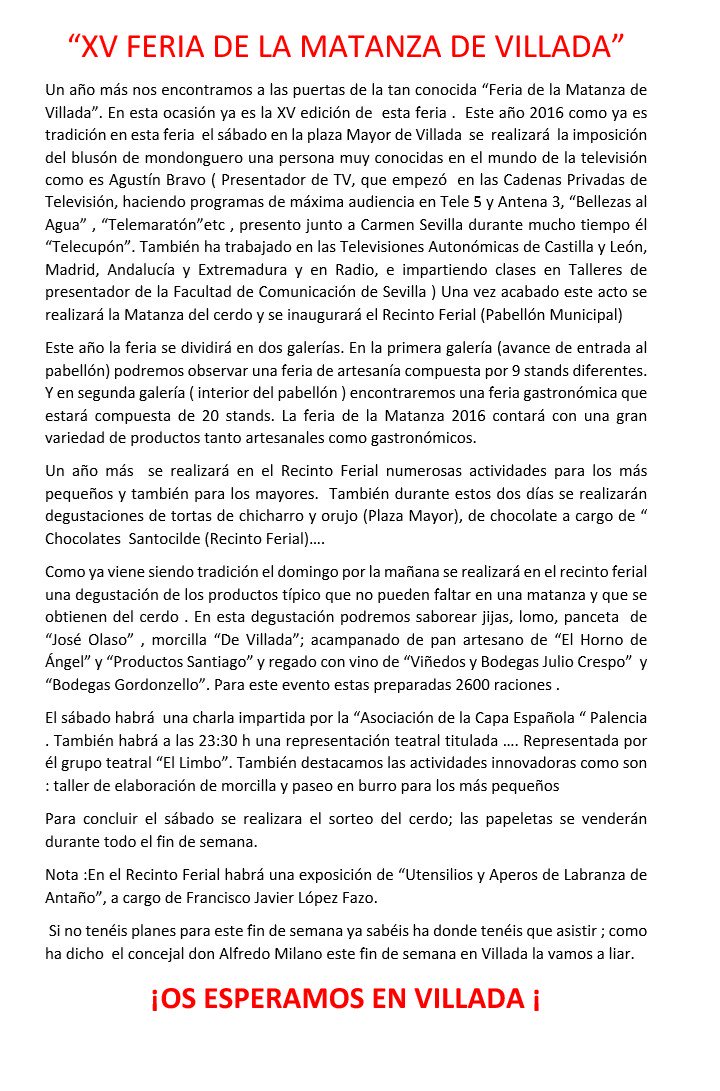 JuventudVillada's tweet photo. ¿Te lo vas a perder? Ven y disfruta de la "XV Feria de la Matanza de Villada" #TeEsperamosEnVillada https://t.co/MGZanH9Wfy