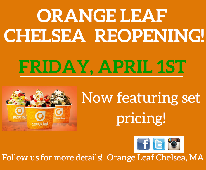 OrangeLeafChels's tweet photo. Orange Leaf Chelsea will reopen on 4/1! Follow us on Facebook for details: https://t.co/2mXvV8kLCM
#seeyouspoon https://t.co/YvsnIctiIE