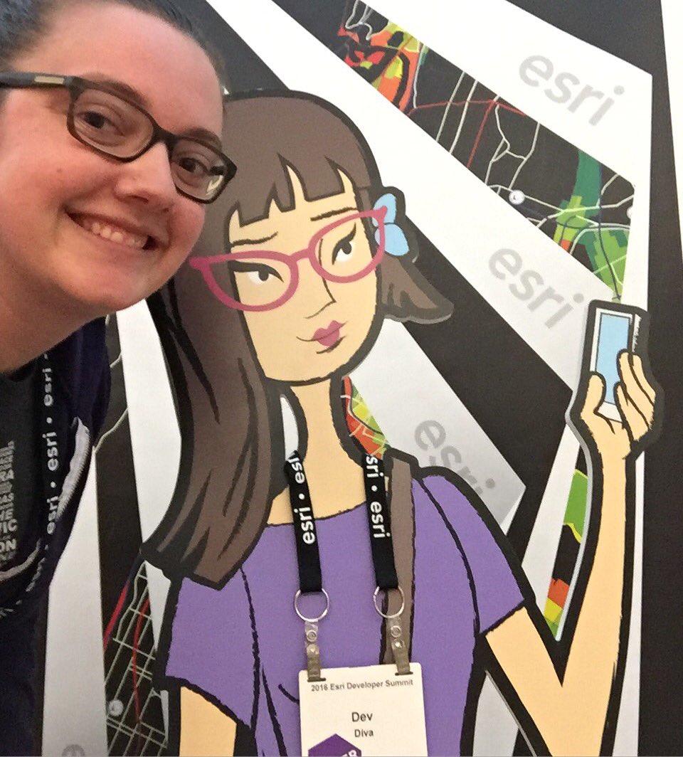 pnwgeogeek's tweet photo. Dev Diva and I both have hip glasses,iPhones&computer bags-I think she's one cool #devchick #devsummit #esri https://t.co/PE6wYV6JEn
