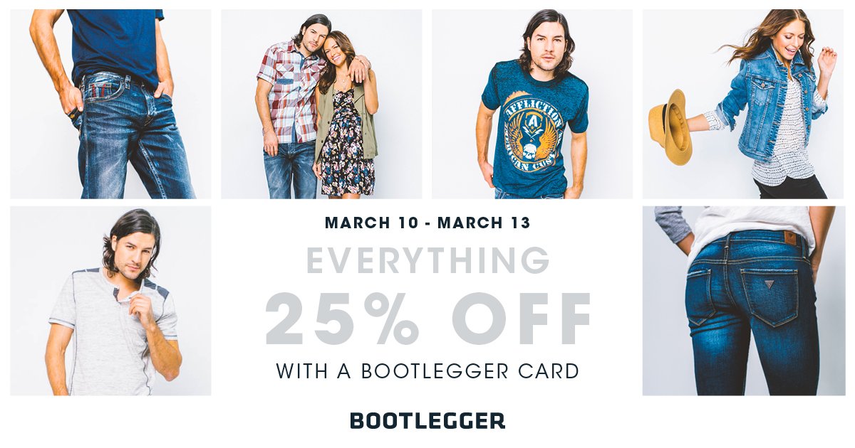 CrossIron_Mills's tweet photo. Spring Shopping Party is here! @bootleggerjeans cardholders enjoy 25% off from March 10th to 13th! #savingsecrets https://t.co/TTWQd21sHL