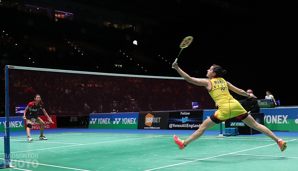 Match point and victory for @caro_marin2 at @YonexAllEngland. Three more to go to retain title. #Badmintonphoto