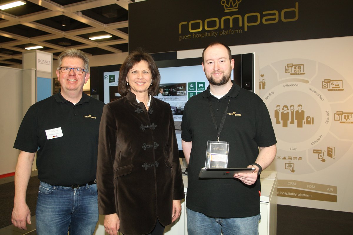 HelloGuestHQ's tweet photo. Minister of State @IlseAigner visited our #ITB2016 booth and informed herself about #roompad and #HelloGuest. https://t.co/bIiDulsq6W