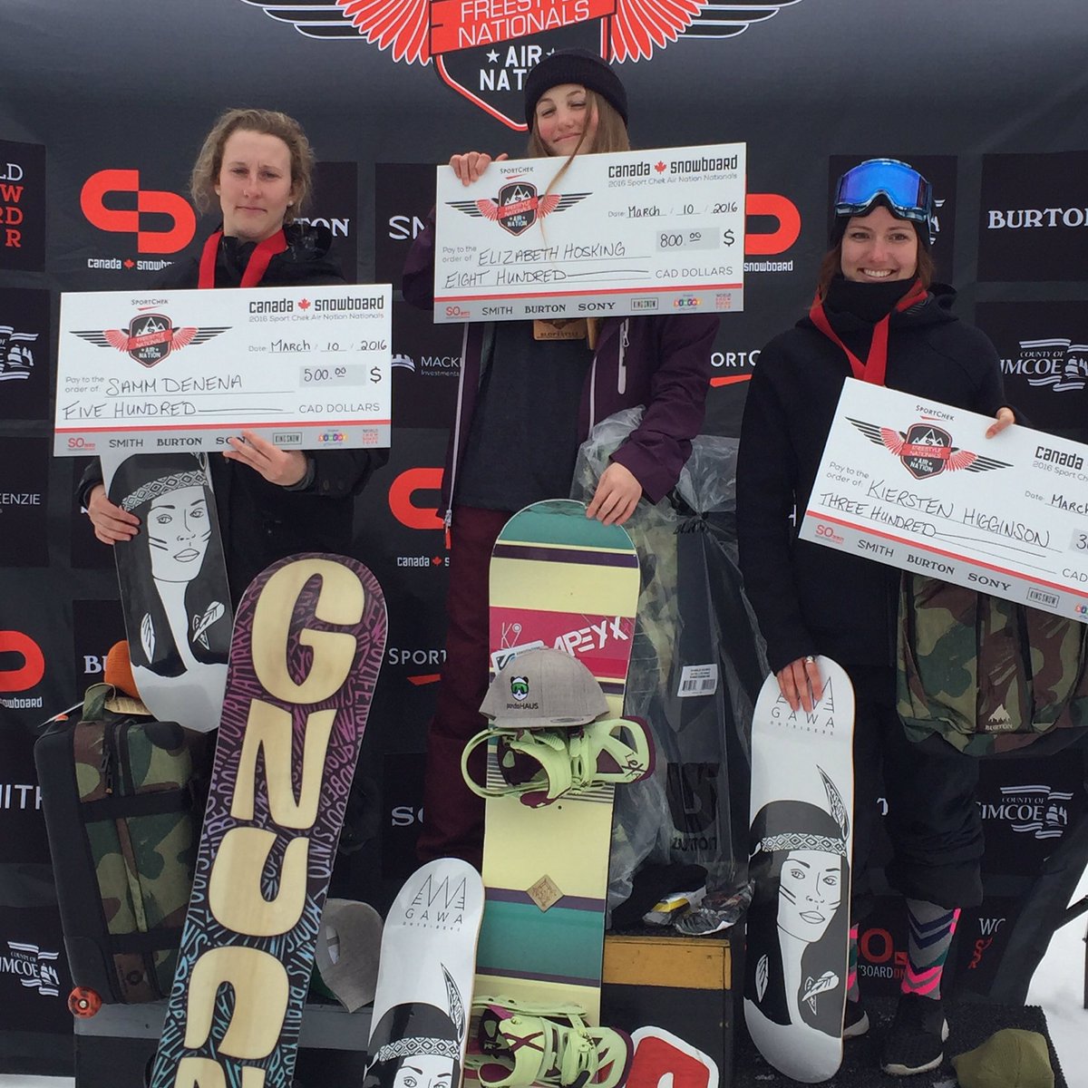 CanadaSnowboard's tweet photo. Our open slopestyle champs Kiersten Higginson 3rd @sammdenena 2nd & Elizabeth Hosking 1st @SportChek #airnation2016 https://t.co/0nFtfW1TLI