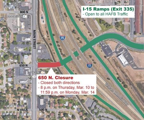 Reminder! 650 N. closure tonight 8pm thru Mon, Mar 14 between I-15 exit 335 &amp; Main St. (SR126)