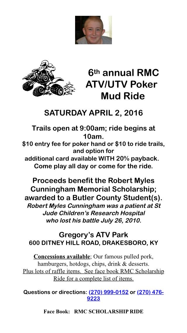KBC224's tweet photo. #atv #mudslingers #stressrelief #gregorysatvpark #scholarship #fundraiser. April 2 20116 Gregory's Drakesboro KY https://t.co/Arv8kkwlDp