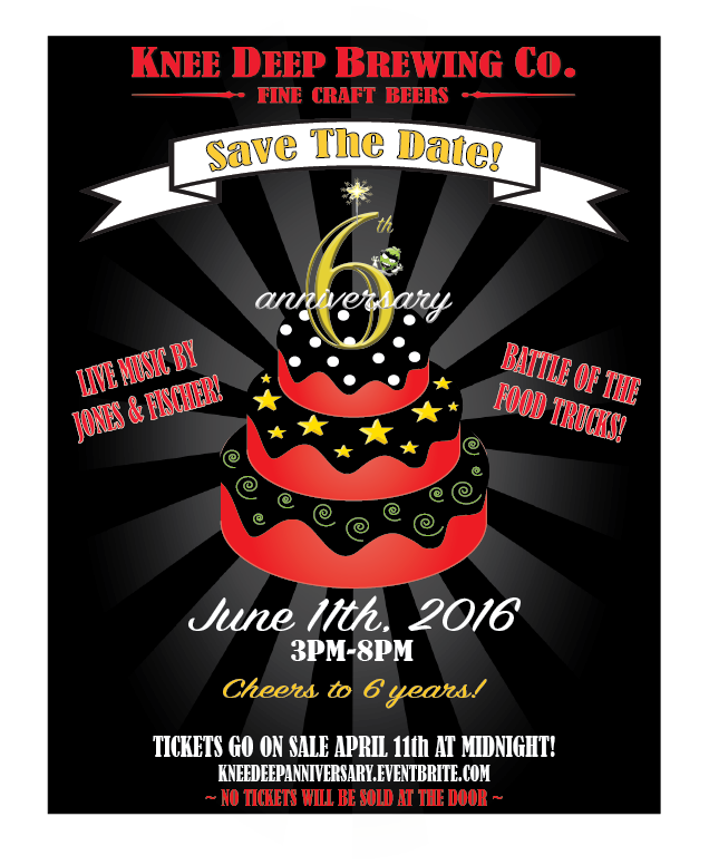 KneeDeepBrewing's tweet photo. SAVE THE DATE! More details coming soon... #hoptoturns6 #kdbcanniversaryparty #june112016 #kneedeepbrewingco https://t.co/6LdU2sMK2W