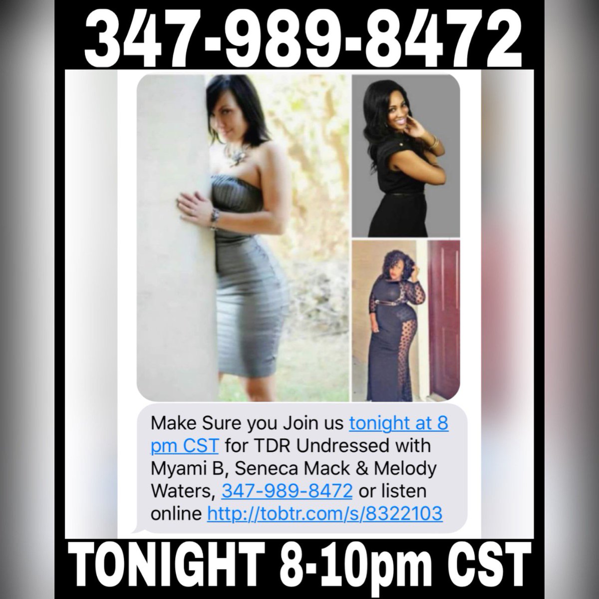 IAmMelodyWaters's tweet photo. Oooooo tonight is girl talk time with the ladies of #ToneDefRadio it's time for #Undressed @ 8pm cst!! 347.989.8472 https://t.co/SZaZRJEvH1