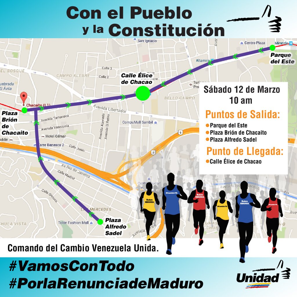 unidadvenezuela's tweet photo. Puntos de salida para la marcha del sábado #12Mar en Caracas, en la que se exigirá la renuncia de @NicolasMaduro https://t.co/v2SENajH4F