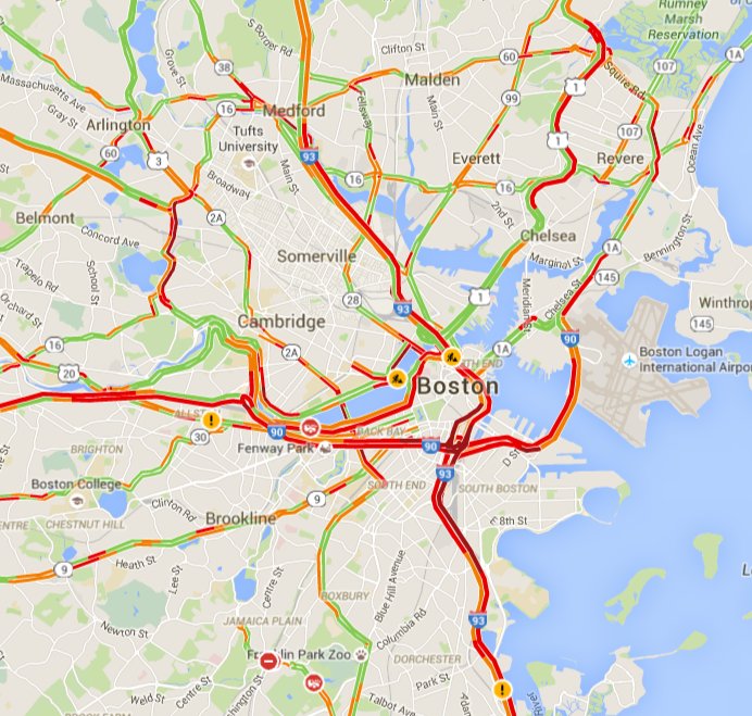 ofsevit's tweet photo. It's 6:30 pm and #Boston is still gridlocked. Good thing we're raising transit fares and incentivizing driving. https://t.co/wFUZUJX6Jq