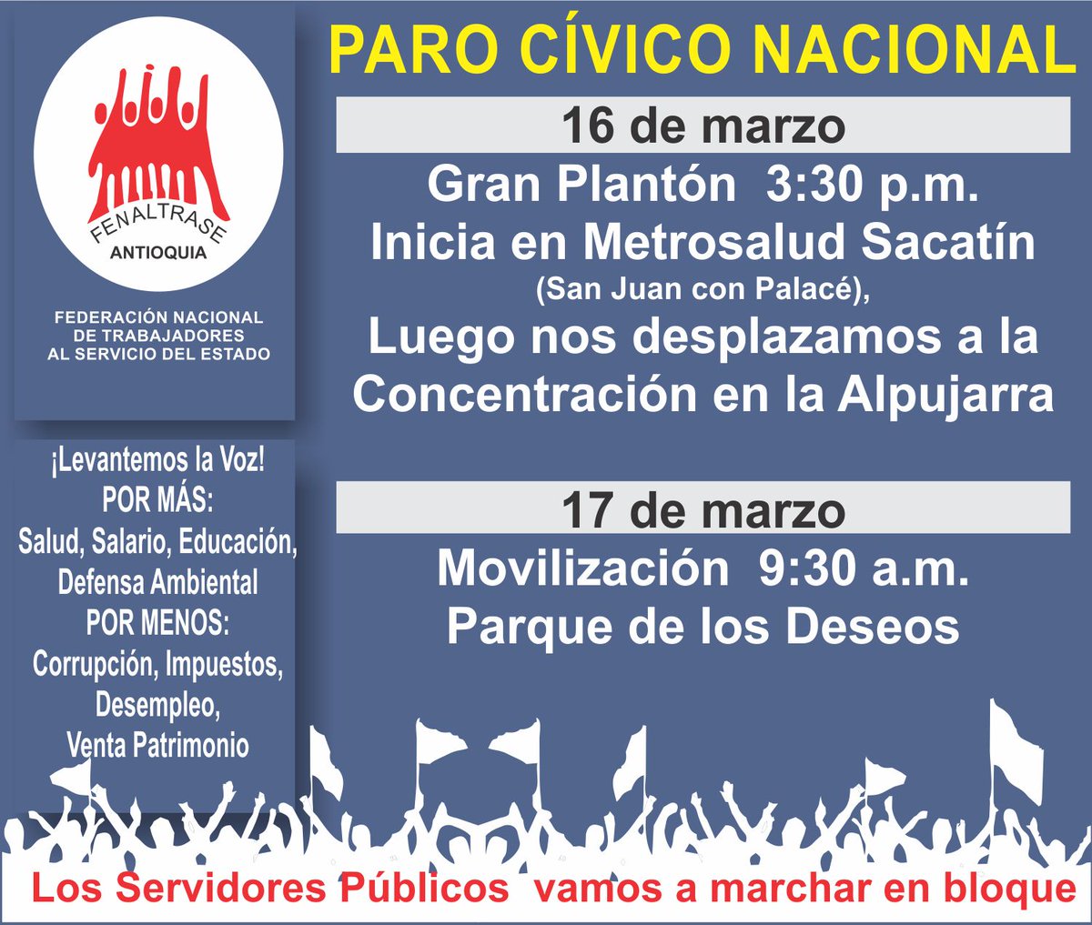 Paro Cívico Nacional 
Movilización 9:30 a.m.
Parque de los Deseos
¡Entérate, Comparte y Participa!