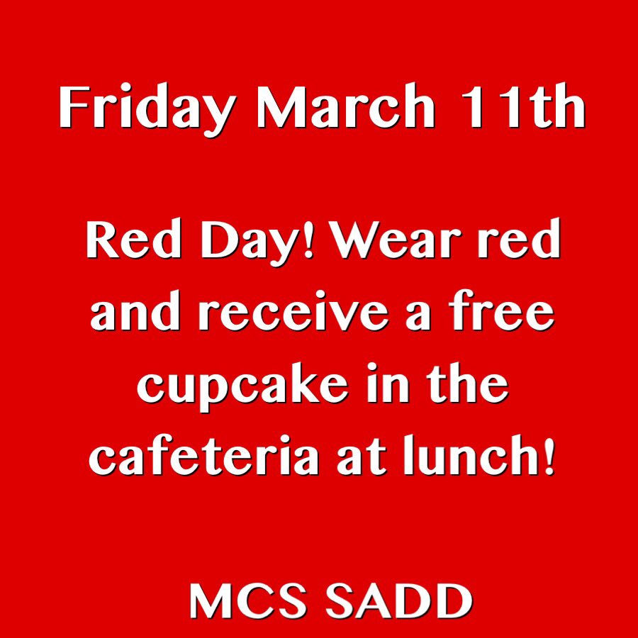 MCS_SADD's tweet photo. Tomorrow is the last day of our spirit week! Wear red and get a free cupcake at lunch in the cafeteria! #mcssadd#red https://t.co/DKkFWUEcBP