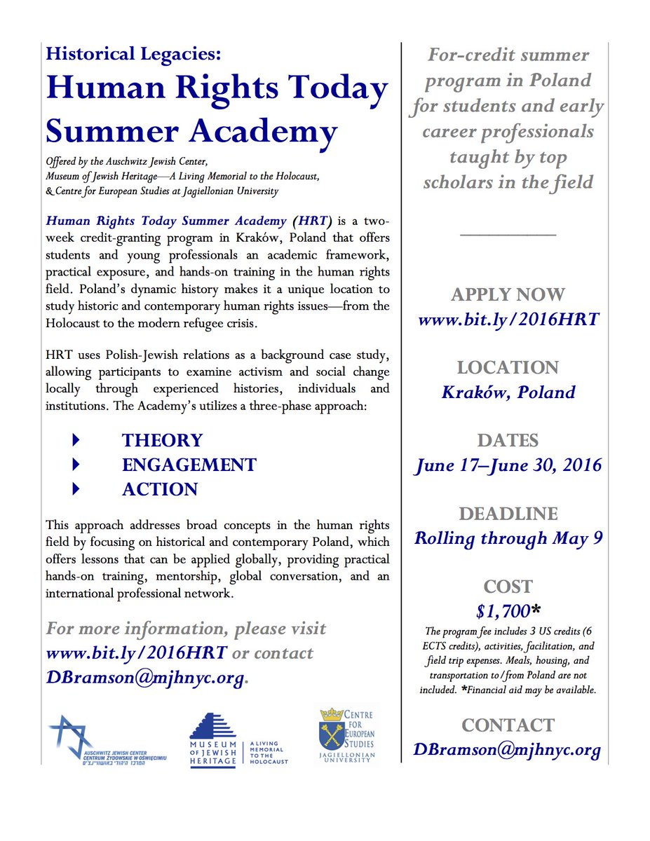AJCPrograms's tweet image. APPLY NOW for the Human Rights Today Summer Academy in Poland! bit.ly/2016HRT #2016HRT #humanrights