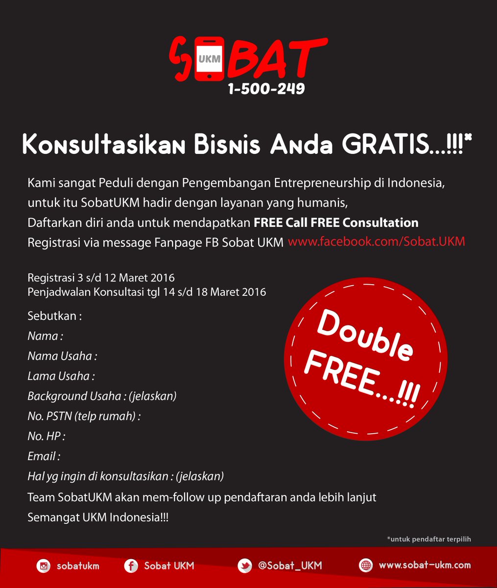 Sobat_UKM's tweet photo. Besok pendaftaran akan berakhir, ayo siapa lagi yang mau konsultasi bisnisnya Gratis?. #DoubleFree #SobatUKM1500249 https://t.co/1aWhim0Pqb