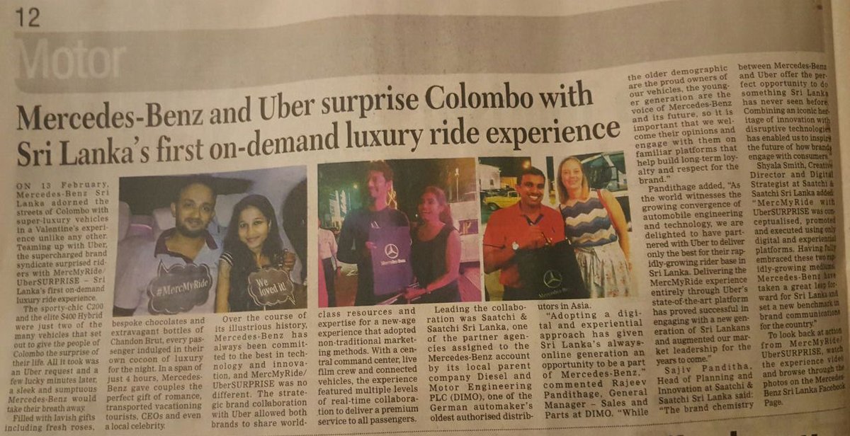 SaatchiSL's tweet photo. ICYMI: #MercMyRide/#UberSURPRISE for @MercedesBenz Sri Lanka w/@Uber_SL in the @FT_SriLanka: https://t.co/UZHmGyAJU3 https://t.co/XJskDd3zEA