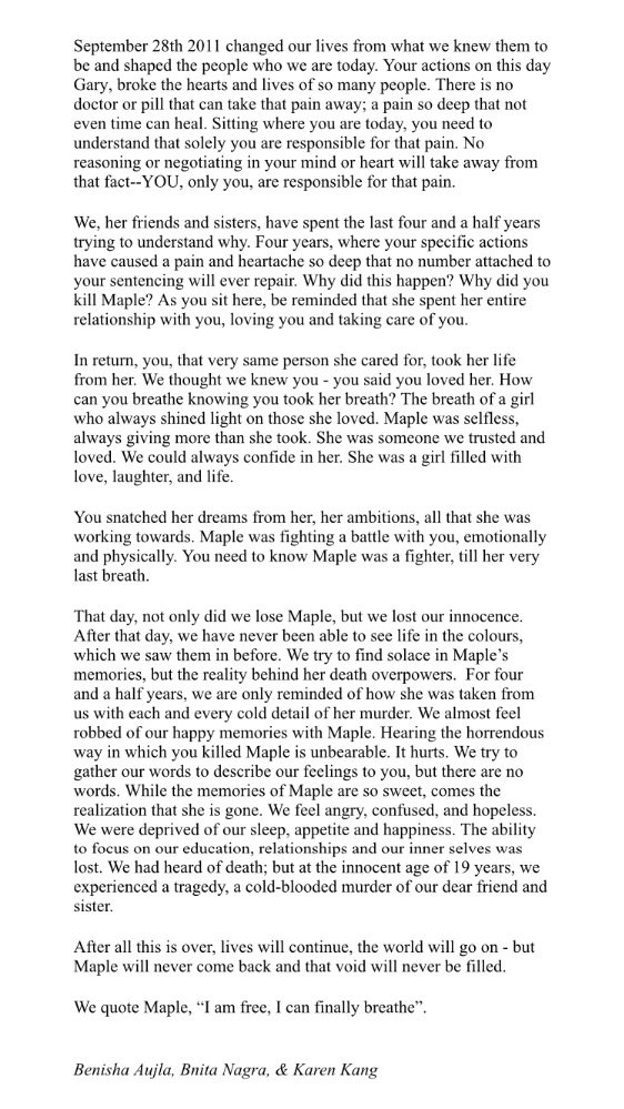 JusticeforMaple's tweet photo. A victim impact statement read in court by Maple's close friends. #MapleBatalia #JusticeForMaple https://t.co/YuQ1IlNorA