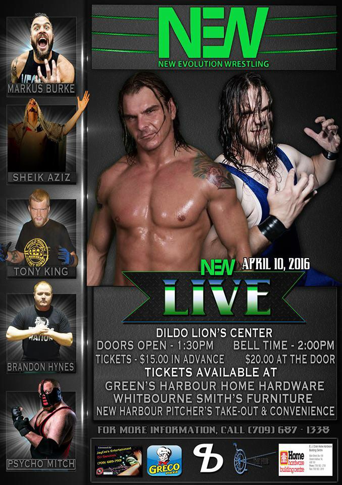 NewWrestlingNL's tweet photo. NEW debuts in Dildo NL April 10th @KingCEW709 @DynamiteLCW @TheBrandonFlip @JustinLock_ @xxlthe1 @veganwrestler https://t.co/scKDztF6Oj