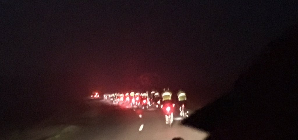 ClubPeloton's tweet photo. Out of the darkness into the misty, chilly dawn, heading to Dohem #CycletoMIPIM @landg_group @coram https://t.co/7unhq1IsMu